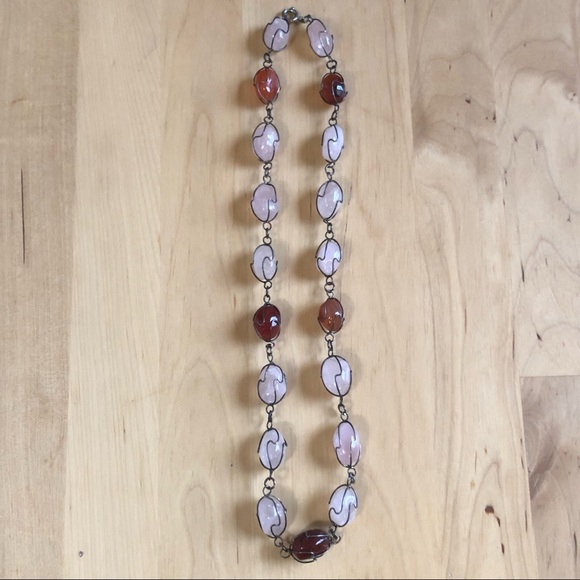 SOLD Vintage 21” Tumbled Oval Caged Rose Quartz & Carnelian Stone Metal Necklace - Picture 3 of 4